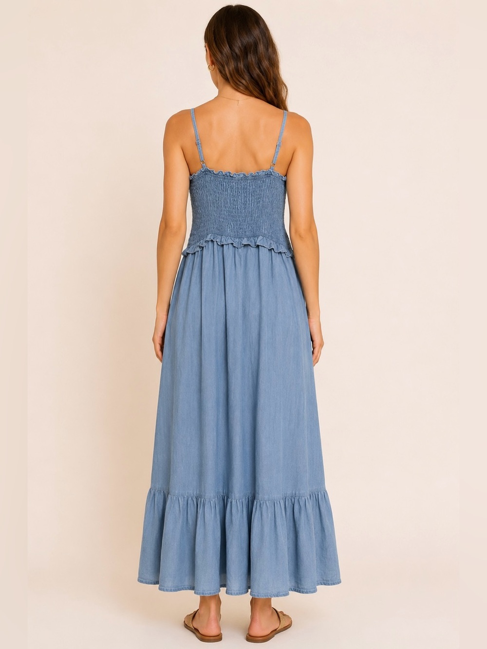 Justify Chambray Denim Maxi Dress Smocked Button Front Size Medium - Picture 2 of 11
